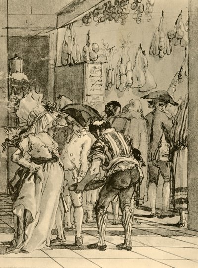 Ein Laden mit geräucherten Waren von Giovanni Domenico Tiepolo