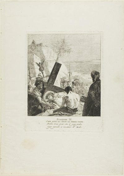 Christus fällt zum dritten Mal unter dem Kreuz, Platte neun aus dem Kreuzweg von Giovanni Domenico Tiepolo