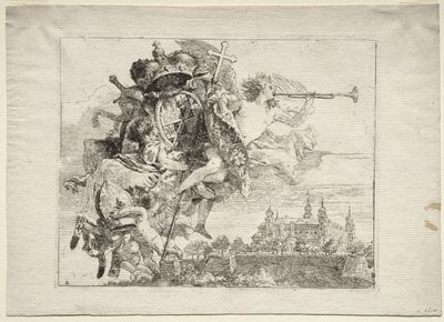 Flucht nach Ägypten: Widmung mit geflügelter Figur des Ruhms, die die Waffen des Fürstbischofs von Würzburg trägt von Giovanni Domenico Tiepolo