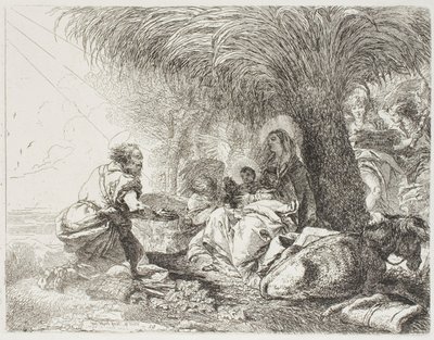 Joseph betet das Kind an, während zwei Engel singen, Platte neunzehn aus Die Flucht nach Ägypten von Giovanni Domenico Tiepolo