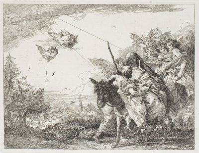 Joseph, der das Kind anbetet, das in Marias Armen gehalten wird, Platte neun aus Die Flucht nach Ägypten von Giovanni Domenico Tiepolo