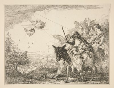 Joseph betrachtet das Jesuskind, aus der Serie Malerische Ideen über die Flucht nach Ägypten von Giovanni Domenico Tiepolo