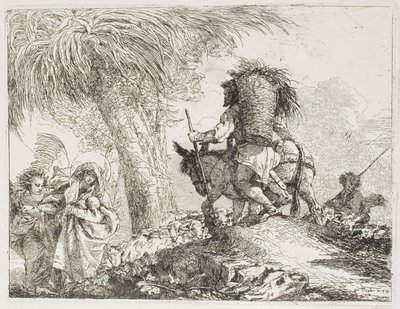 Maria, von einem Engel geholfen, und Josef, der den Korb trägt, passieren eine Herde, Platte 24 aus Die Flucht nach Ägypten von Giovanni Domenico Tiepolo