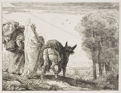Maria hält das Kind in ihren Armen und Joseph mit dem Korb, Platte zehn aus Die Flucht nach Ägypten von Giovanni Domenico Tiepolo