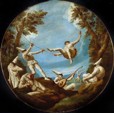Punchinellos auf Schaukeln, Musik machend und Akrobatik in einer Landschaft von Giovanni Domenico Tiepolo