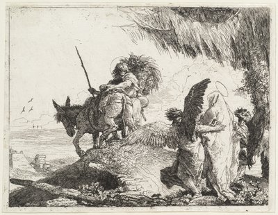 Die Flucht, mit Madonna rechts von Engeln unterstützt von Giovanni Domenico Tiepolo