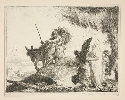 Die Heilige Familie zwischen zwei Engeln, aus der Serie Idee pittoresche sopra la fuga in Egitto (Flucht nach Ägypten) von Giovanni Domenico Tiepolo