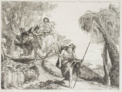 Die Heilige Familie auf einem Waldweg, in der Nähe einer Herde und einiger Hirten, Tafel 21 aus Die Flucht nach Ägypten von Giovanni Domenico Tiepolo