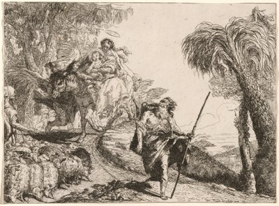 Die Heilige Familie steigt einen Pfad nahe den Hirten hinab von Giovanni Domenico Tiepolo