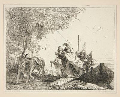 Die Heilige Familie geht an Land, aus der Serie Idee pittoresche sopra la fuga in Egitto (Flucht nach Ägypten) von Giovanni Domenico Tiepolo
