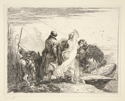Die Heilige Familie an einem Fluss, aus der Serie Idee pittoresche sulla fuga in Egitto (Flucht nach Ägypten) von Giovanni Domenico Tiepolo