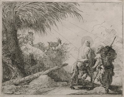 Die Heilige Familie auf einem felsigen Pfad, aus der Serie Idee pittoresche sulla fuga in Egitto von Giovanni Domenico Tiepolo