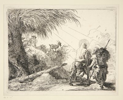 Die Heilige Familie auf einem felsigen Pfad, aus der Serie Idee pittoresche sulla fuga in Egitto (Flucht nach Ägypten) von Giovanni Domenico Tiepolo