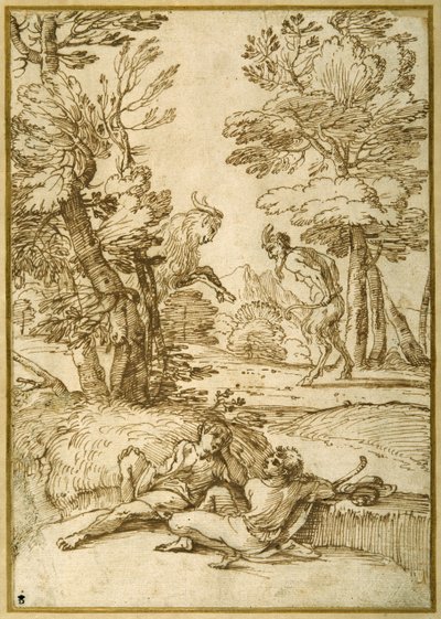 Landschaft mit zwei Hirtenjungen, die sich ausruhen, während ein Satyr und eine Ziege tanzen von Giovanni Francesco Grimaldi