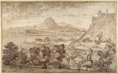 Landschaft mit einer Hügelstadt und einem entfernten Berg von Giovanni Francesco Grimaldi