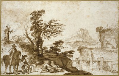 Landschaft mit einem Reiter und einer Brücke von Giovanni Francesco Barbieri