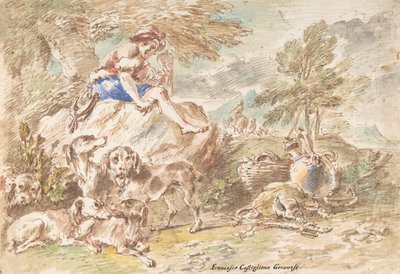 Junger Jäger mit seinen Hunden in einer Landschaft, 1641-1710 von Giovanni Francesco Castiglione