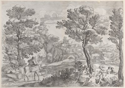 Eine Gruppe von Menschen spielt Karten rechts und ein Mann zu Pferd links, 1626-80 von Giovanni Francesco Grimaldi