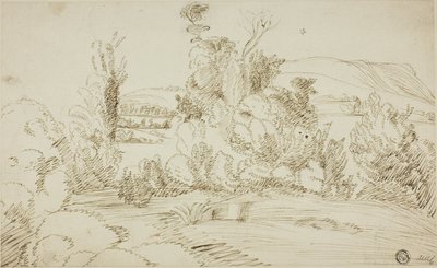 Baumgruppe mit Hügeln in der Ferne von Giovanni Francesco Grimaldi