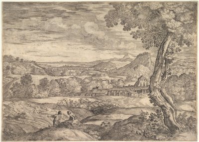 Landschaft mit einer Ziegelei im Mittelgrund, ein stehender Mann im Vordergrund, 1626-80 von Giovanni Francesco Grimaldi