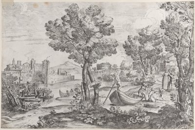 Landschaft mit einem Mann, der eine Schlange zu einem verängstigten Kind hält, beobachtet von einer modisch gekleideten Dame, 1626-80 von Giovanni Francesco Grimaldi