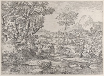 Drei Jungen in einer Landschaft mit einer Stadt im Hintergrund, 1626-80 von Giovanni Francesco Grimaldi