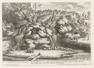 Landschaft mit Kaskade und Tempel der Tiburtinischen Sibylle in Tivoli von Giovanni Francesco Venturini