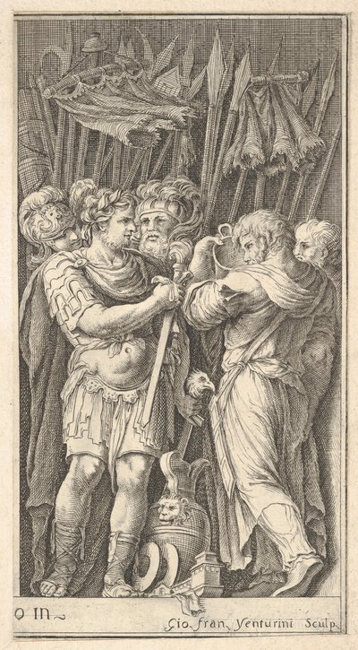 Soldaten, einer frontal gezeigt und ein Schwert haltend, rechts ein Soldat mit seinem Rü..., ca. 1650-1700 von Giovanni Francesco Venturini