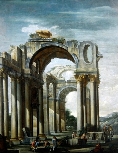 Capriccio klassischer Ruinen mit Figuren von Giovanni Ghisolfi