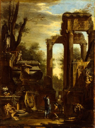 Capriccio von klassischen Ruinen und Statuen mit Figuren im Gespräch von Giovanni Ghisolfi