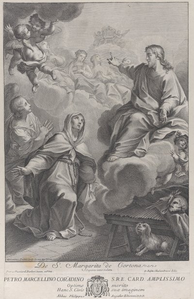 Heilige Margarita von Cortona, kniend vor Christus, nach Pietro Andrea Pucciardi..., ca. 1702-1741 von Giovanni Girolamo Frezza