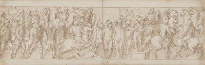Ein sarmatisches Dorf wird unter den Augen des Kaisers zerstört; Barbaren schauen von einem Stand aus zu; Marcus Aurelius empfängt einen berittenen deutschen Boten von Giovanni Guerra