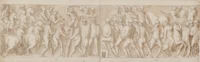 Ende eines Marsches des Kaisers mit seinen Legionären und Wachen (Ende von XCIII); die Römer bauen ein Lager (Anfang von XCIV); die Römer auf einem Marsch mit dem Kaiser (XXXV / XXXVI) von Giovanni Guerra