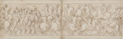Marcus Aurelius setzt über einen Kai mit Infanterie und Kavallerie (CVIII); die Sarmaten werden von vorrückenden Römern zurückgeschlagen (CIX) von Giovanni Guerra