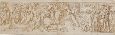 Römische Soldaten überqueren einen Fluss in Booten (weitgehend restauriert; XXXIV)2; ein kämpfender römischer Soldat (vom Ende von XXIV); römische Wachen bringen barbarische Gefangene vor den Kaiser (im Zeichnen weggelassen; Ende von XXV); Beginn eines Mar von Giovanni Guerra