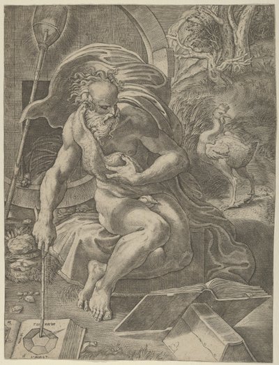 Diogenes sitzt mit seinem Fass hinter sich und liest ein Buch, während er einen Stock hält, ca. 1526-27 von Giovanni Jacopo Caraglio