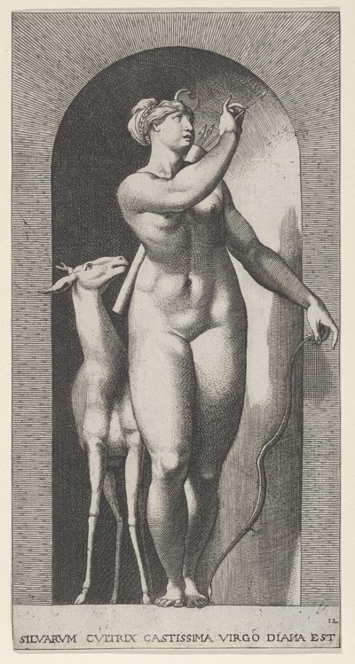 Tafel 12: Diana steht in einer Nische, dreht sich nach links und zieht einen Pfeil heraus von Giovanni Jacopo Caraglio