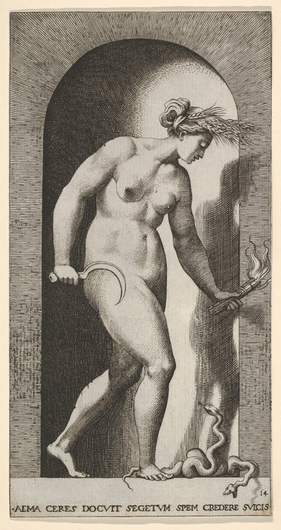 Tafel 14: Ceres in einer Nische, nach rechts blickend, über einer zweiköpfigen Schlange stehend von Giovanni Jacopo Caraglio
