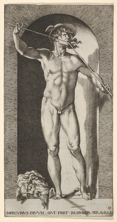 Merkur steht in einer Nische und spielt seine Pfeifen, mit dem abgetrennten Kopf eines alten Mannes, 1526 von Giovanni Jacopo Caraglio