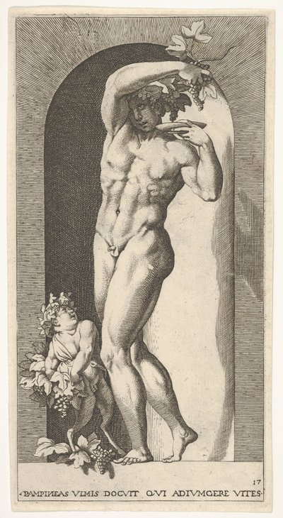 Tafel 17: Bacchus steht in einer Nische und hält Trauben über einen Teller, begleitet von einem Kind..., 1526 von Giovanni Jacopo Caraglio