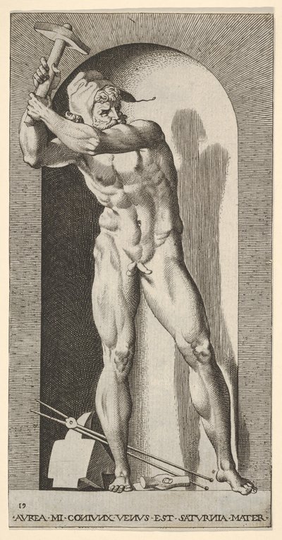 Vulkan steht in einer Nische und schwingt einen Hammer, mit einem Amboss, Hammer und Zangen, 1526 von Giovanni Jacopo Caraglio