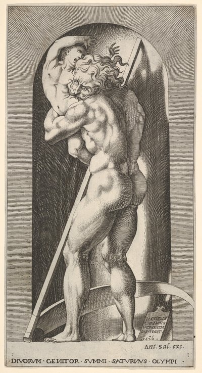 Tafel 1: Saturn in einer Nische, der seinen Sohn verschlingt, vor einer Sense stehend, aus einer Serie von..., 1526 von Giovanni Jacopo Caraglio