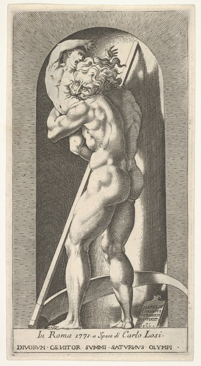 Platte 1: Saturn in einer Nische, der seinen Sohn verschlingt, vor einer Sense stehend, aus einer Serie von... von Giovanni Jacopo Caraglio
