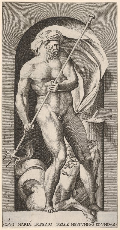 Tafel 5: Neptun steht in einer Nische und hält einen Dreizack, mit einem Hippocampus-See-Pferd, 1526 von Giovanni Jacopo Caraglio