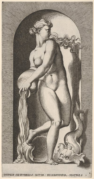 Platte 6: Thetis steht in einer Nische mit einer Muschel und einem Meereswesen und gießt Wasser aus, 1526 von Giovanni Jacopo Caraglio