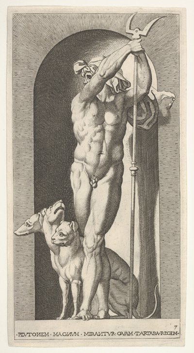 Tafel 7: Pluto in einer Nische, hält einen Zweizack, mit Cerberus neben ihm, aus einer Serie von..., 1526 von Giovanni Jacopo Caraglio