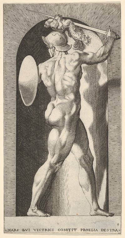 Tafel 9: Mars in einer Nische, hält ein Schwert über seinem Kopf mit dem rechten Arm und einem Schild von Giovanni Jacopo Caraglio