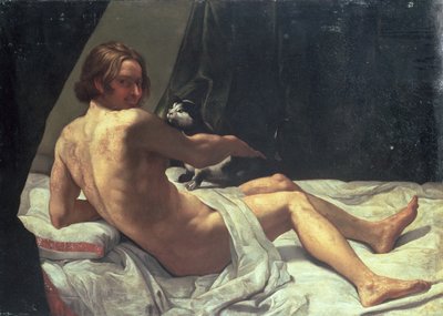 Junger Mann liegt mit einer Katze auf einem Bett, 1620 von Giovanni Lanfranco