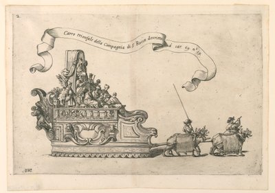 Ein Festwagen in Reggio, Italien: "Carro trionfale della Compagnia di S. Rocco" (Der Triumphwagen der Gesellschaft von St. Rochus). Platte 2b aus A. Isacchi, "Relatione di Alfonso Isachi intorno l