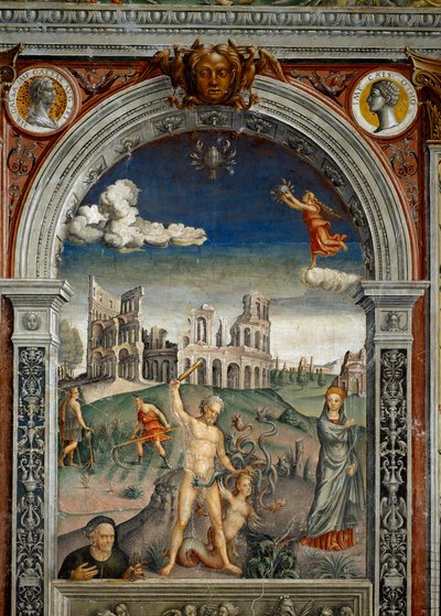 Sternzeichen: „Krebs“ mit Medaillons der Kaiser Galba und Otho. Szene mit Herkules und der Hydra von Lerna von Giovanni Maria Falconetto